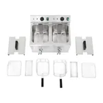 Apuro Double Induction Fryer kit with two tanks, control panel, and included lids, baskets, grilling plates, and bottoms