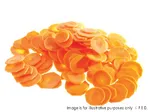 Dito Sama P4U Stainless Steel Slicing Disc in use, producing a pile of thin, uniform 2mm orange carrot slices