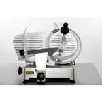 Apuro Meat Slicer 300mm side view showing silver ribbed stainless steel body, black food carriage, and clear acrylic guide.