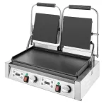 Apuro Double Contact Grill from a front-three-quarter angle showing dual digital control panels and open black non-stick plates