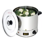 Apuro Food Steamer in use with glass lid open, revealing a wire basket of broccoli and cauliflower inside the stainless steel pot.