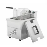Apuro Induction Fryer angled close-up showing brushed stainless steel body, wire mesh basket, and open hinged lid with black grip.