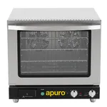 Apuro convection oven front view showing glass door, black control panel with steam button, and internal fan elements