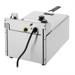 Apuro Single Fryer rear view showing the black rotary temperature dial, power switch, and cord on the brushed stainless steel casing.