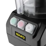 Close-up of the Apuro Multi Function Food Processor control panel with three buttons and yellow logo on a black base.