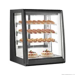 Bonvue Chilled Angled Counter Top Food Display from an angled view, featuring black sloped glass and wire shelves holding pastries and cakes.