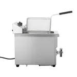 Apuro Induction Fryer side view showing stainless steel tank, wire mesh basket, and chrome drain valve
