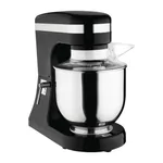 Apuro Planetary Mixer Black 7Ltr side profile showing glossy black housing, silver stripe, and stainless steel bowl with clear splash guard