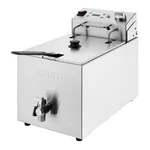 Apuro single electric fryer angled close-up showing brushed stainless steel body, embossed logo, and rear digital timer controls