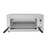 Apuro Quartz Salamander Grill front view with open doors revealing perforated rack, drip tray, and red rocker switch