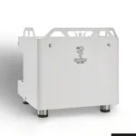 Rear view of the white Bezzera OTTO DE Auto Foamer 2 Group Espresso Machine, showing the matte metal casing, snake logo, and stainless steel feet.