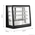 Bonvue Chilled Angled Counter Top Food Display in three-quarter view with black cabinet, slanted glass, and dimension arrows