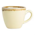 Olympia Kiln Sandstone Espresso Cup close-up side view showing cream ceramic body and mottled brown glaze