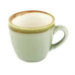 Olympia Kiln Moss Espresso Cup in pale sage green ceramic with a mottled brown and gold rim, viewed from a three-quarter angle