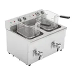 Apuro double induction fryer angled close-up showing stainless steel body, two wire baskets, and rear control panel