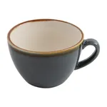 Olympia Kiln Ocean Cup close-up showing dark grey ceramic exterior, cream interior, and brownish-gold rim