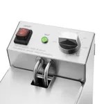 Close-up of the Apuro Single Fryer stainless steel control panel with red switch, green light, and temperature dial