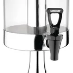 Close-up of the Olympia Deluxe Juice Dispenser showing the black tap with white tomlson lettering on the stainless steel base.