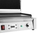 Apuro Extra Large Single Contact Grill close-up of the front panel with red switch, digital display, and open lid revealing ribbed and flat plates