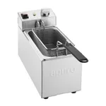 Apuro Single Fryer angled close-up showing brushed stainless steel body, wire mesh basket, and rear control panel with red switch and dial.
