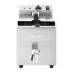 Apuro Induction Fryer front view showing brushed stainless steel cabinet, black wire basket, and rear control panel with rotary dial.