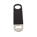 Close-up of the Olympia Bottle Opener Black PVC Grip, featuring a matte black handle with a finger hole and a polished silver metal cap with a curved notch.