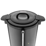 Close-up of the Apuro Water Boiler Matt Black 40Ltr showing the matte black body, domed lid, and front glass water-level gauge.