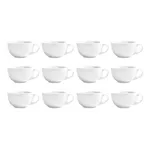 Olympia Athena cappuccino cups in a box of twelve, viewed from a side angle showing the white ceramic material and curved handles.