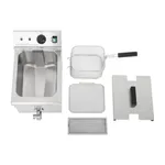 Apuro Induction Fryer components laid out separately, showing the stainless steel unit, wire mesh basket, filter, drip tray, and lid.