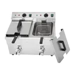 Apuro Double Induction Fryer rear view showing control dials, open right tank with basket, and closed left lid.