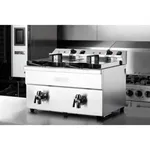 Apuro Double Induction Fryer close-up showing stainless steel body, black basket handles, and rear control panel with dials.