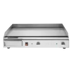 Apuro counter top electric griddle front view showing stainless steel surface, red rocker switch, and two green indicator lights