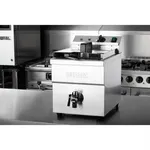 Apuro Induction Fryer 8Ltr 3kW from a front-three-quarter angle, showing stainless steel body, black drain valve, and rear control panel.
