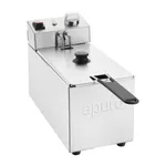 Apuro Single Fryer angled close-up showing brushed stainless steel body, black rotary dial, red power switch, and green indicator light.