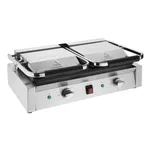 Apuro Bistro Contact Grill angled close-up showing brushed stainless steel base, ribbed plates, and control panel with dials