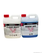 F.H.E Clear Wash 2L and Rinse Aid jugs with red caps, showing front labels with hazard symbols