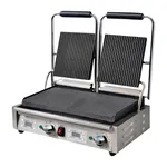 Apuro Contact Grill Double Ribbed/Flat from a front-three-quarter angle, showing stainless steel base, digital displays, and raised ribbed lids.