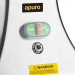 Close-up of the Apuro Heavy Duty Meat Mincer Size 22 control panel, showing a green rocker switch and yellow warning label.