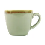Olympia Kiln Moss Espresso Cup side view showing pale sage-green ceramic body and mottled brown and yellow rim