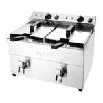 Apuro double induction fryer angled close-up showing brushed stainless steel body, two baskets, and rear control panel