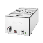 Apuro Bain Marie with Tap & Pans from a front three-quarter angle, featuring a brushed stainless steel body, chrome tap, and four lidded pans.