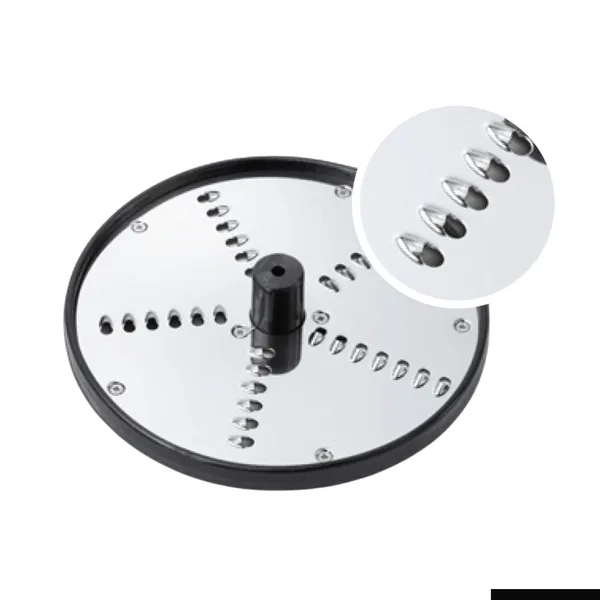 Dito Sama P4U stainless steel grating disc with black rim and hub, featuring four radial rows of cutting slots
