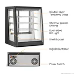 Annotated diagram of the Bonvue Chilled Angled Counter Top Food Display highlighting tempered glass, chrome shelves, and rear fan grilles.