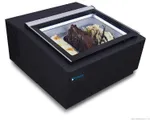 Bonvue gelato display case from a three-quarter angle, showing a black matte finish, silver frame, and three scoops of ice cream inside.