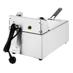 Apuro single electric fryer rear view showing stainless steel body, coiled power cord, and temperature control knob