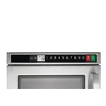 Close-up of the Apuro Heavy Duty Programmable Compact Microwave Oven stainless steel control panel with black display and red and green buttons.