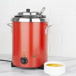 Apuro red soup kettle front view with stainless steel lid, black control dial, and green indicator light