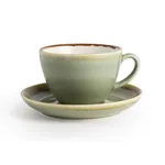 Olympia Kiln Moss Saucer side view with matching cup, featuring mottled brown and cream glaze on upturned rim