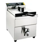 Apuro Induction Fryer close-up showing stainless steel cabinet, black control panel with yellow logo, and chrome drain valve.