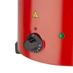 Close-up of the Apuro Soup Kettle Red with handles showing the black rotary timer dial, red indicator light, and green power light on the glossy red body.